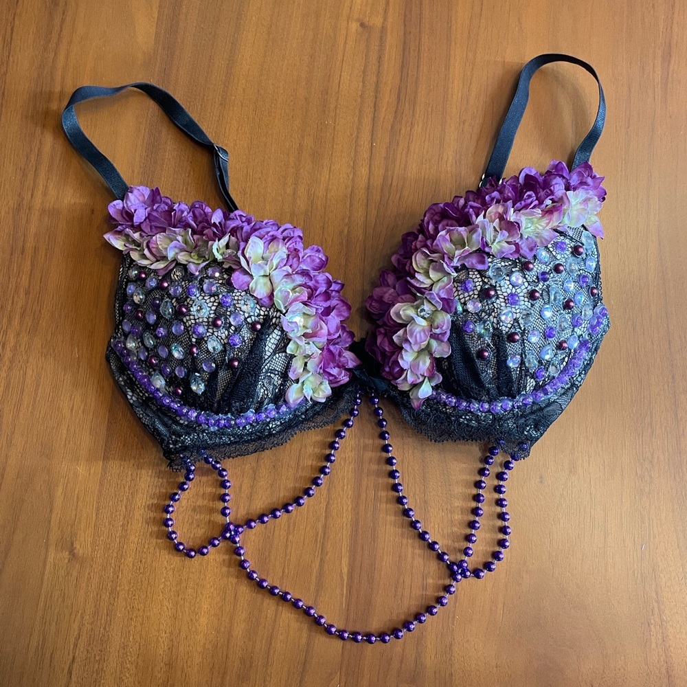 Handmade black floral gem stone beaded purple bra